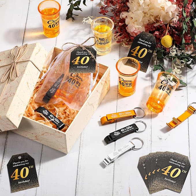 Domensi 50 Sets 40th Birthday Party for Guests Bulk Include Cheers to 40 Short Glasses Beer Bottle Opener Keychains Thank You Cards with Gift Bags and Ropes for Birthday Party Gifts