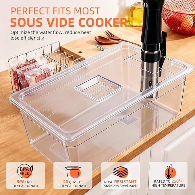Sous Vide Container 26 QT with Lid, Rack & Spoon-Precision Cooking Tub for Anova Nano, Joule, Instant Pot Immersion Circulators - Large Accessories Kit (Square opening)