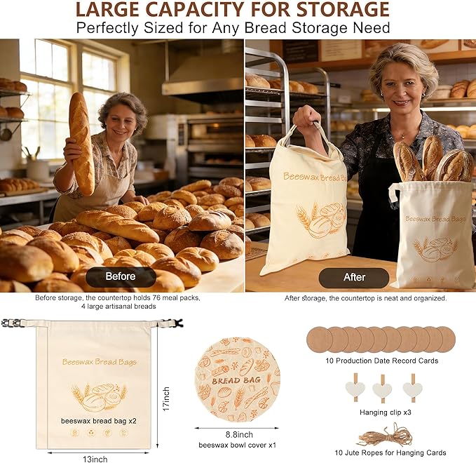 Reusable Beeswax Bread Bag for Homemade Sourdough Storage,Organic Cotton Beeswax Lined,2 Bags + 1 Bowl Cover | Keep bread fresh, Natural beeswax, Reusable, Easy to clean