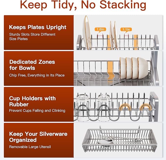2 Tier Dish Drainer Drying Rack for Kitchen Counter, Large Stainless Steel Dishes Dryer with Drainboard, Space Saving, Big Rustproof Metal Modern Countertop Plates Strainer with Utensil Holder, Sliver