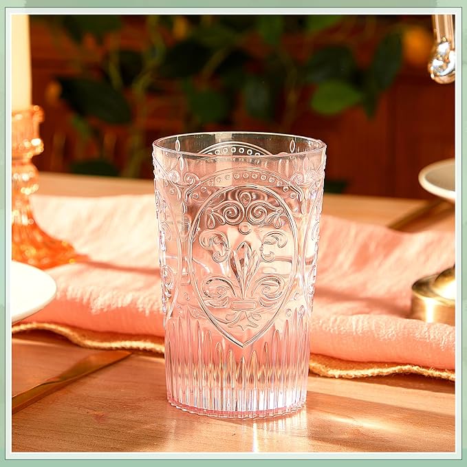 48 Pcs 16 oz Plastic Vintage Drinking Glasses Stemless Ribbed Highball Glasses Bulk Embossed Reusable Cup for Water Beer Cocktails Juice Wedding Bridal Shower Birthday Event Party (Pink)