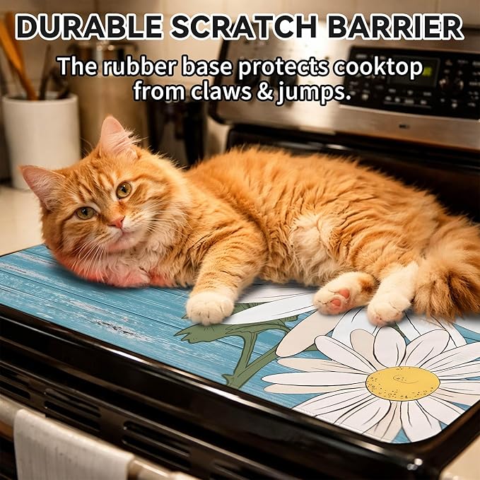 Decorative Stove Top Covers for Electric Stove 28"x20" – Heat Resistant Glass Cooktop Protector Dish Drying Mat – Non-Slip Rubber Backing Washer Top Cover Waterproof Extra Counter Space (Daisy)