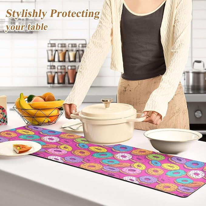 2-in-1 Table Runner Trivet for Hot Dishes Heat Resistant Hot Plate Mat Pad 39x12 Inch Waterproof Table Protector Trivets for Countertop Non Slip Decorative Cute Donuts Colorful