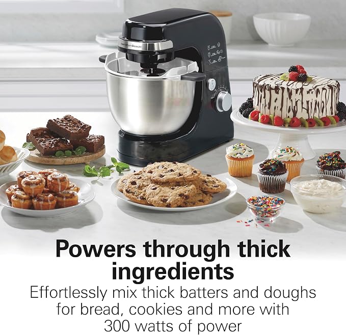 Hamilton Beach 4 Quart Electric Stand Mixer With 7 Speeds | Planetary Mixing For Full Bowl Coverage | Bowl Scraper | Splash Guard | 300 Watts | Whisk, Flat Beater, Dough Hook | Black