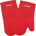 Alselo Oven Mitts Heat Resistant Silicone Kitchen Gloves for 550 Degrees with Waterproof and Non-Silp, Set of 2 Oven Gloves for Baking Cooking Barbecue Microwave Machine Washable (Red, 2)