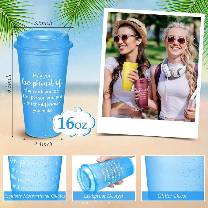 Skylety 48 Pcs Appreciation Tumblers Gifts Bulk 16 oz Thank You Teacher Employee Plastic Coffee Cups with Lids Colorful Reusable Inspirational Tumblers for Coworker Staff Christmas