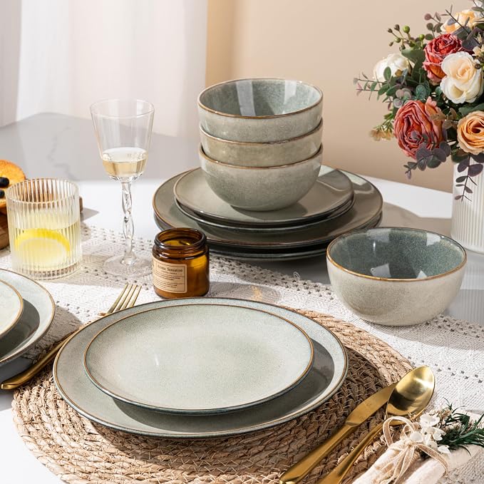 AmorArc Ceramic Dinnerware Sets for 6, 18 Pieces Handpainted Plates and Bowls Set, Scratch Resistant Stoneware Dishes Set, Dishwasher & Microwave Safe, Reactive Glaze