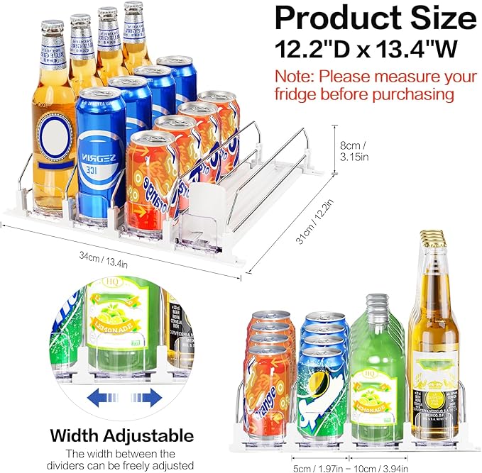 Soda Can Organizer & Dispenser for Refrigerator, Automatic Pusher Fridge Drink Organizer Holds up to 20 Cans Adjustable Width for Beer Beverage-4Row 15.3" D x 13.4" W