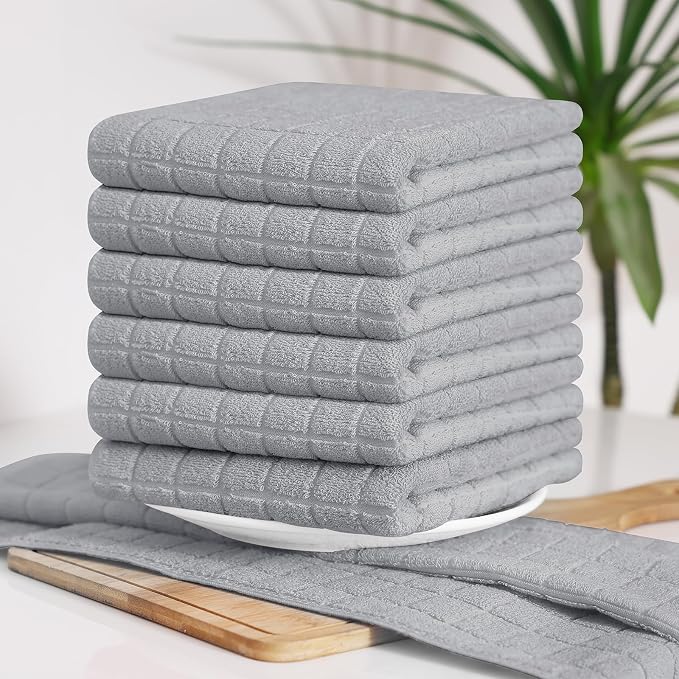 Homaxy Premium Cotton Kitchen Towels 16"x 28", Large Natural Ring Spun 390 GSM Dish Towels, Super Absorbent Terry Kitchen Hand Towels, Soft Tea Towels with Hanging Loop, Pure Light Grey Design, 4 Pack