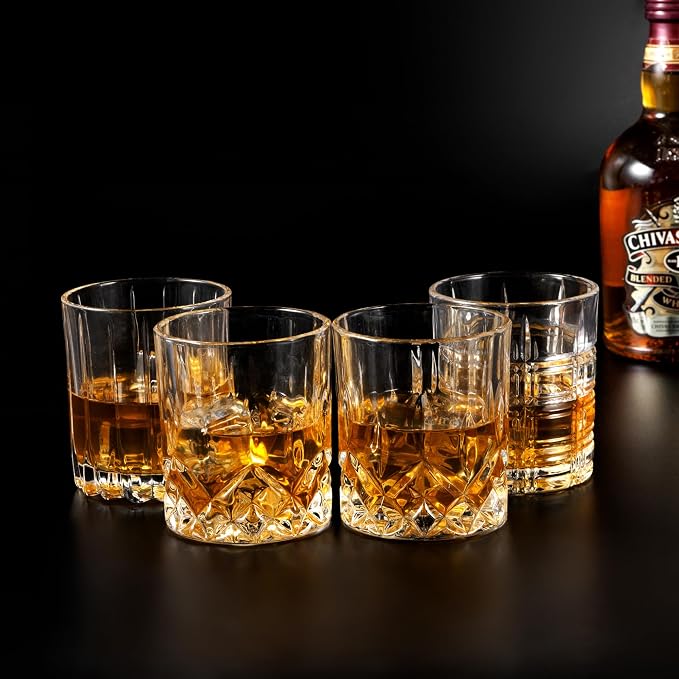 KANARS Old Fashioned Whiskey Glasses - 3 Designs Bourbon Glass 10 oz with Luxury Box - Ultra Clear Crystal Rocks Barware for Scotch, Irish Whisky, Rum and Cocktail, Men Gift for Father's Day
