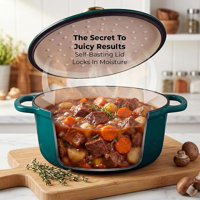 Zulay Kitchen 5 Quart Enameled Cast Iron Dutch Oven Pot with Lid – Premium Durability & Oven Safe up to 500°F – Heavy Duty Cookware Perfect for Bread Baking, Stews, Braising & Roasting – Emerald