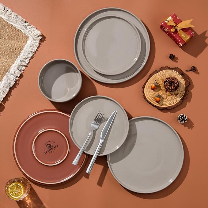 LIANYU Stoneware Dinnerware Sets Service for 4, 12 PCS Plates and Bowls Sets, Handmade Ceramic Dish Set, Highly Chip and Crack Resistant Modern Plate Set, Terra Brown