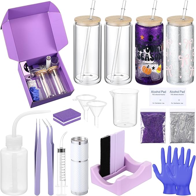 Baderke 20 Pcs Snow Globe Tumbler DIY Kit 16 oz Tumbler Squeeze Bottle, Glitter, Funnel Tweezer Silicone Cup Cradle Measuring Cup Glove Flashlight Buffer for Beginner(Purple,Classic)