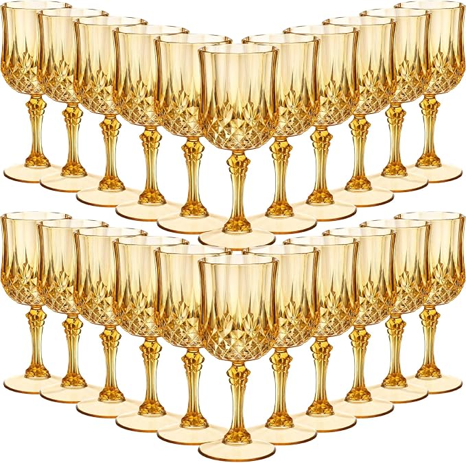 Sliner 48 Pcs 7oz Plastic Vintage Wine Glasses Drinking Goblets Unbreakable Crystal Water Glassware Reusable Diamond Champagne Flutes Cups for Wedding Banquet Birthday Party Supplies (Gold)