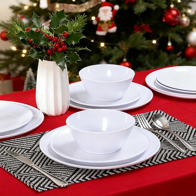 Melamine Dinnerware Sets,18-piece Melamine Plates and Bowls Set, Unbreakable Dishes Set for 6, Dishwasher Safe,Indoor and Outdoor Use,Lightweight,White