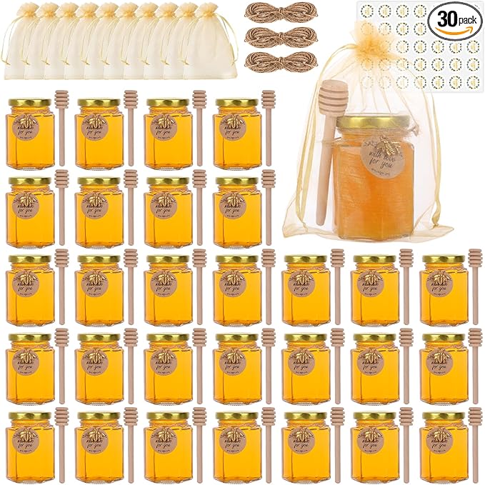 4 oz Mini Glass Honey Jars | 30-Pack Honey Jars with Wood Dippers, Gold Lids, Gift Bags, Bee Charms, Labels, Tags, Twine | Perfect for Baby Shower Party Favors, Wedding Favors, Bridal Showers