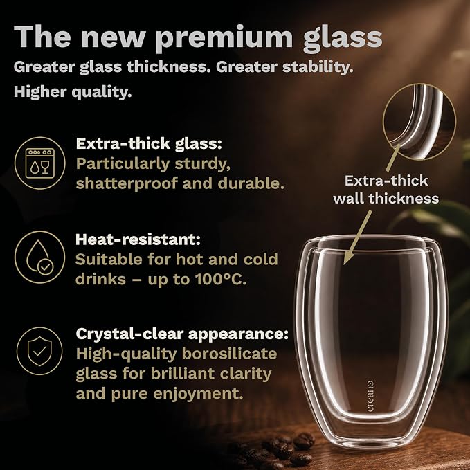 Creano Premium Double-Walled Drinking Glasses 12.5oz / 400 ml - Set of 6 - Professional Quality - 100% Dishwasher Safe | 100% dishwasher safe thanks to GastroSeal seal therefore catering quality - double wall glass