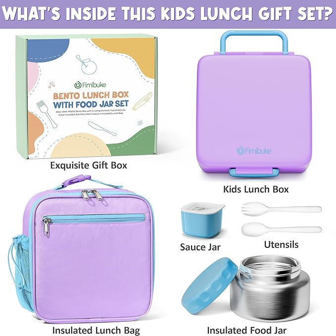 Fimibuke Kids Bento Lunch Box with Thermo, Leakproof Toddler Bento Box with 8.5OZ Insulated Food Jar, Lunch Bag & Utensils BPA Free Dishwasher Safe 3 or 4 Compartment Container for School Girls Boys