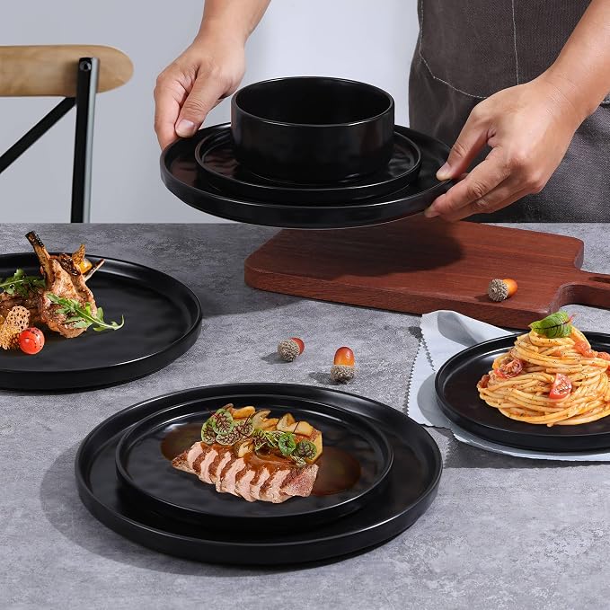 LIANYU Stoneware Dinnerware Dishes Sets for 8, 24 Piece Plates and Bowls Dishware Set, Ceramic Dinning Ware Includes Dinner Salad Plates, Cereal Bowls, Chip & Scratch Resistant, Obsidian Matte Black