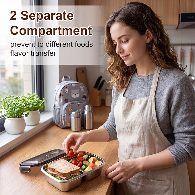 12 Pack 304 Stainless Steel Food Storage Containers 2 Compartment Food Grade Metal Lunch Bento Boxes with Airtight Lid 13 oz/380ml Meal Prep Container Freezer Dishwasher Safe