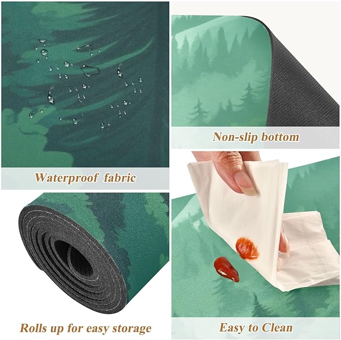 2 in 1 Table Runner Trivet for Hot Pots and Pans Heat Resistant Non Slip Waterproof 39 x 12 Inch Decorative Table Protector for Kitchen Countertop Mountain Forest Trees Green 02