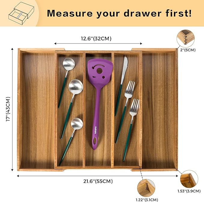 Utoplike Bamboo Expandable Kitchen Drawer Organizer and Acacia Kitchen Drawer Organizer for Large Utensils