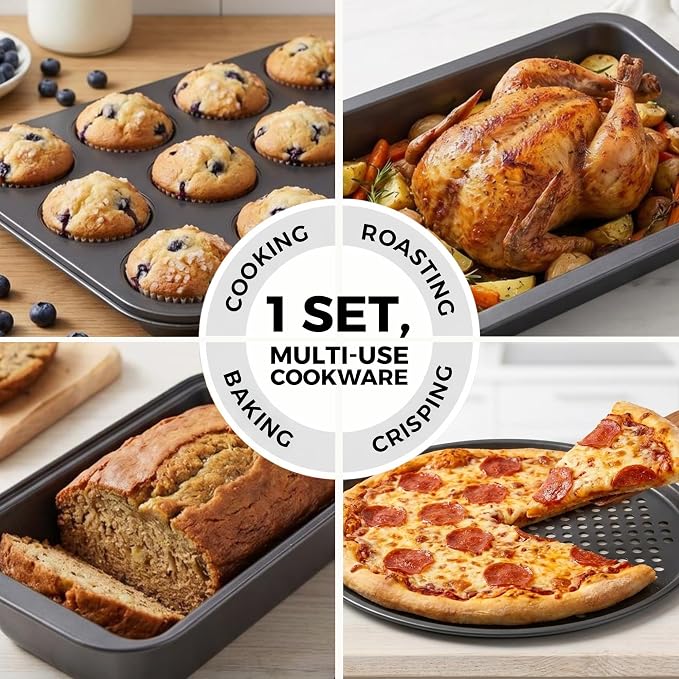 PERLLI Non-Stick 10-Piece Bakeware Set – Carbon Steel with Even Heat Distribution, Oven Safe to 446°F, BPA-Free, Dishwasher Safe, Stackable Baking Tools for Easy Storage and Everyday Cooking - Gray