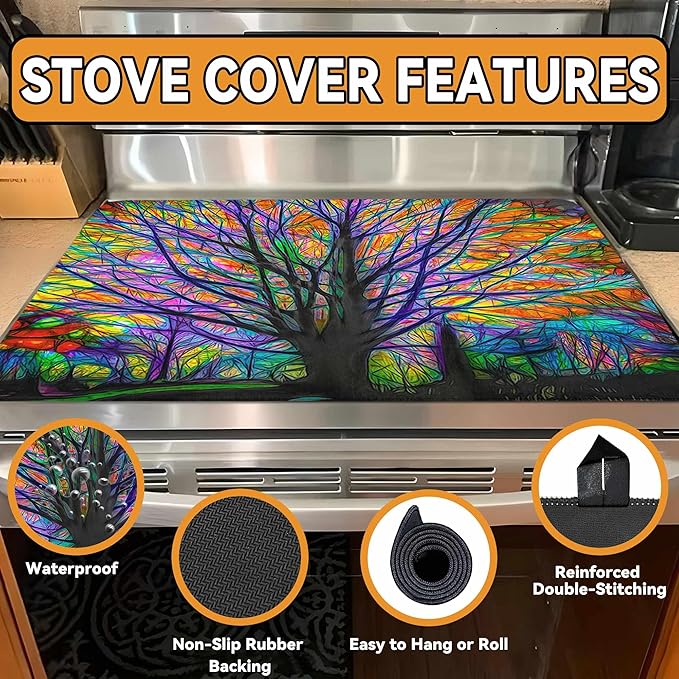 Decorative Stove Top Covers for Electric Stove 28"x20" – Heat Resistant Glass Cooktop Protector Dish Drying Mat – Non-Slip Rubber Backing Washer Top Cover Waterproof Extra Counter Space (Tree 1)