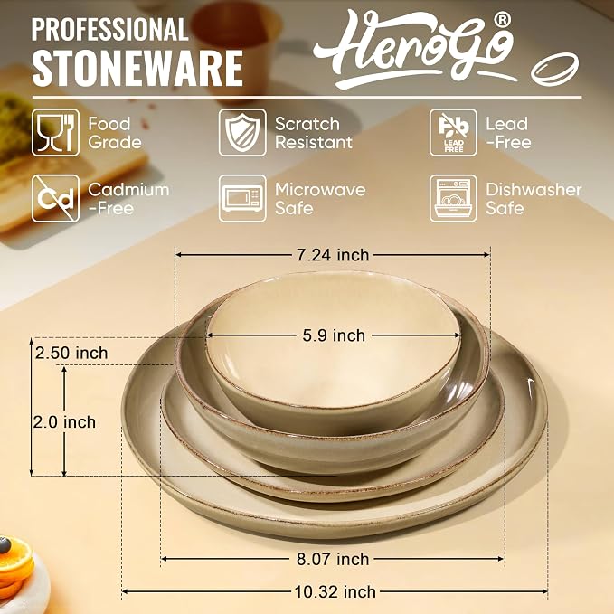Herogo Dinnerware Sets for 6, 24pcs Stoneware Dinner Dish Set, Irregular Handmade Plates and Bowls Dishware, Crack and Scratch Resistant, Microwave & Dishwasher Safe, Cream Khaki