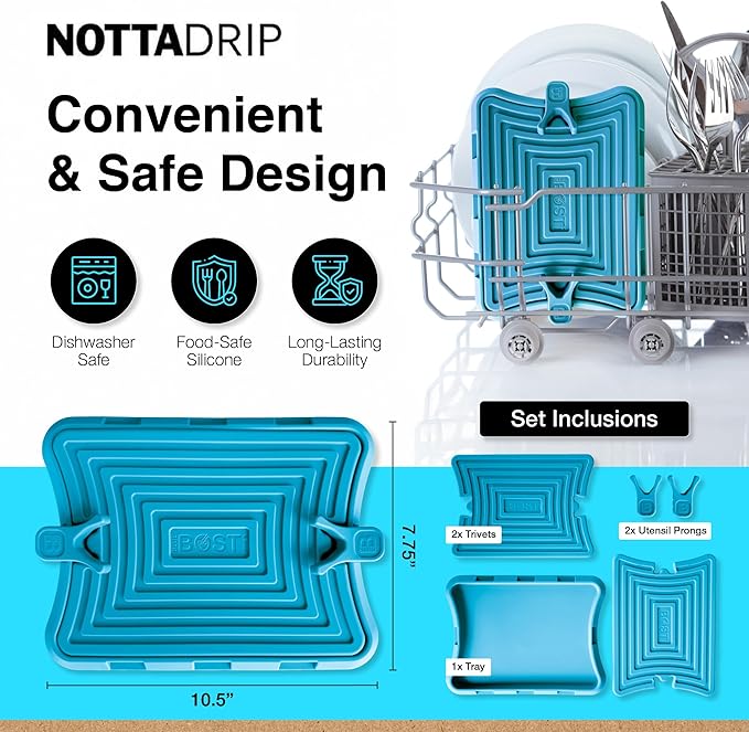 Nottadrip Silicone Spoon Rest for Stove Top - Kitchen Spoon Rest for Countertop, Ladle Holder, All in 1 Serving Station, Elevate Handles, Drip to Tray, Mess Free - 5PC Trivet Set - Blue