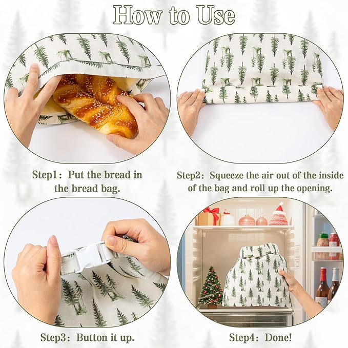 Reusable Beeswax Bread Bags - 2 Pack Christmas Tree Checkered Bees Wax Homemade Sourdough Bread Storage Bags, Xmas Linen Cotton Large Beeswax Freezer for Home Kitchen Baking