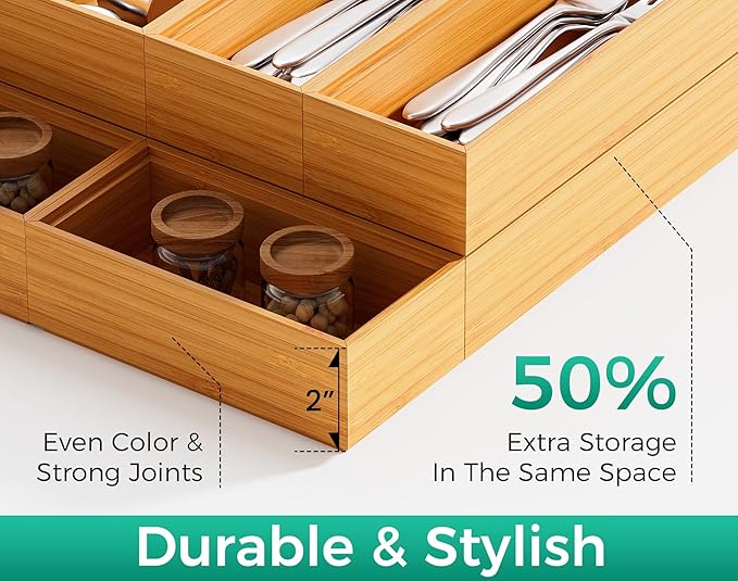 Bamboo Kitchen Drawer Organizer Boxes – 14" x 5" Stackable Wood Silverware Utensil Tray for Drawers Bins Cutlery & Flatware Storage – Wooden Pantry Organizers Set of 2 for Junk Drawer Bathroom Rv