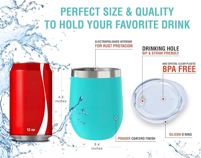 CHILLOUT LIFE 12 oz Stainless Steel Wine Tumbler with Lid - Double Wall Vacuum Insulated Wine Cup Glass Keeping Cold & Hot for Coffee, Champagne, Cocktails, Ice Cream - Powder Coated Aqua Blue