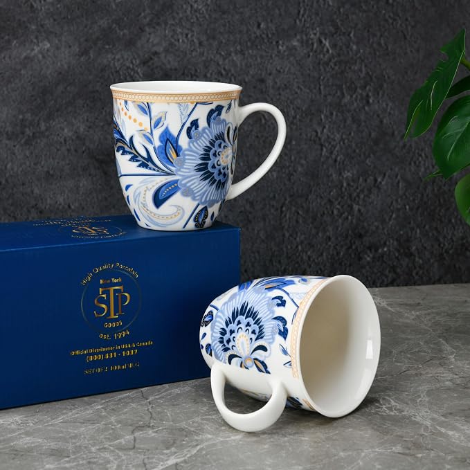 STP GOODS Porcelain Mug 13.5 fl. oz. - Set of 2 in Gift Box Coffee Cup, Gift for Women and Men (Melodie de Fleurs)