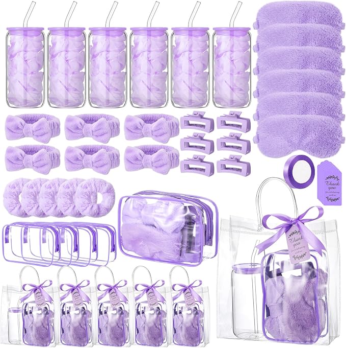 48 Pcs/6 Sets Baby Shower Prizes Winners Include Glass Cans Spa Headband Plush Sleep Eye Mask Hair Claw Clips Clear Cosmetic Bags Baby Shower Player Winner Gifts Bridal Game Gifts(Purple)