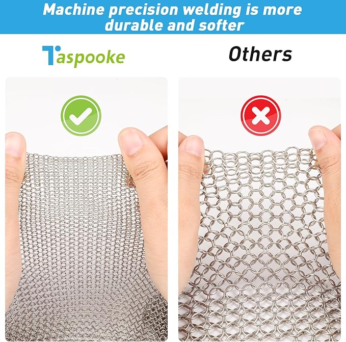 Cast Iron Cleaner and Chainmail Skillet Scrubber - 8''x8'' Upgraded 3.8mm Small Ring, 316L Stainless Steel Fine Rings - Durable Scraper for Skillets, Pans, Griddles & Containers