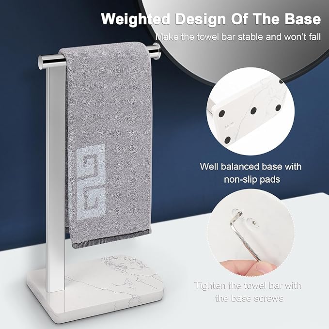 NearMoon Hand Towel Holder with Balanced Marble Base, 304 Stainless Steel Stand Towel Ring L Shape Hand Towel Rack Free-Standing Towel Bar for Bathroom Kitchen Countertop (Single Rod, Chrome)