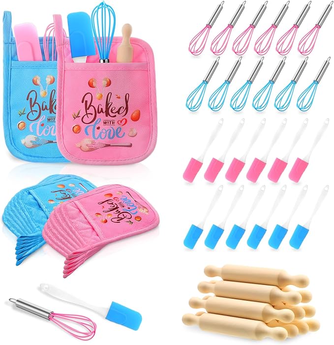 RoundFunny 48 Pcs Kids Mini Baking Supplies with Kitchen Utensil, Pot Holders, Spatula, Rolling Pin, Whisk for Kids Classroom School Exchange Party Favors (Small)