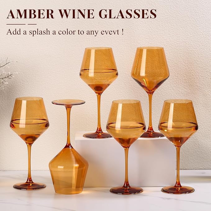 Amber Wine Glasses Set of 6-17.5oz Long Stem Crystal Wine Glasses, Handcrafted Blown Colorful Stemware, Elegant Drinkware Gift for Wedding Housewarming Wine Enthusiasts