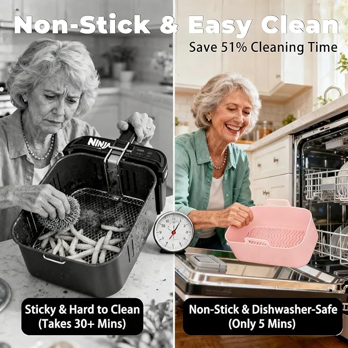 Silicone Air Fryer Liners for Ninja - Reusable DZ201 8QT Dual Basket - Rectangular 2-Pack Vacuum-Packed Easy-Clean Dishwasher-Safe Food-Safe for Home Chefs - Housewarming Gifts
