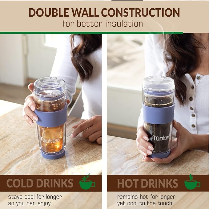 Double Wall Glass Tumbler - 14-Ounce, All Glass Hand Blown Reusable Insulated Tea/Coffee Mug & Lid, Travel Mug - Jacaranda