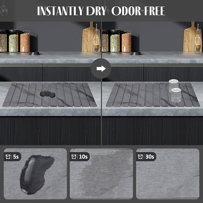 2 PCS Extra Large Stone Dish Drying Mat for Kitchen Counter, 28"×16" Marble Dish Drying Mat with 8"x 4" Coasters, Non - Slip Collapsible Absorbent Mat for Multi - Purpose, Match Any Countertop