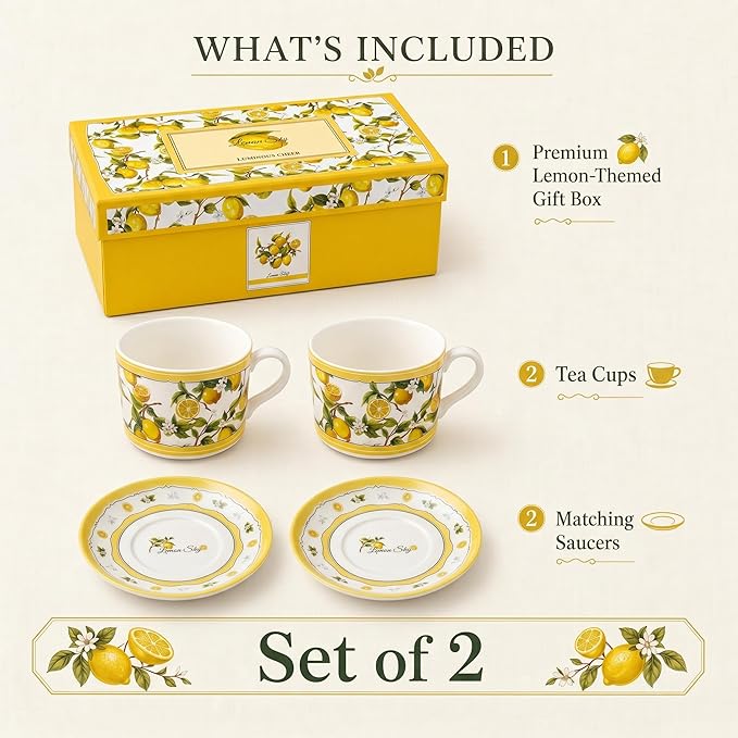 Summer Lemon Espresso Cups and Saucers Set of 2, 4 oz Ceramic Small Coffee Mug with Handle,Lemon Botanical Pattern for Tea, Latte, Cafe, Microwave & Dishwasher Safe, Decorative Holiday Gift Box