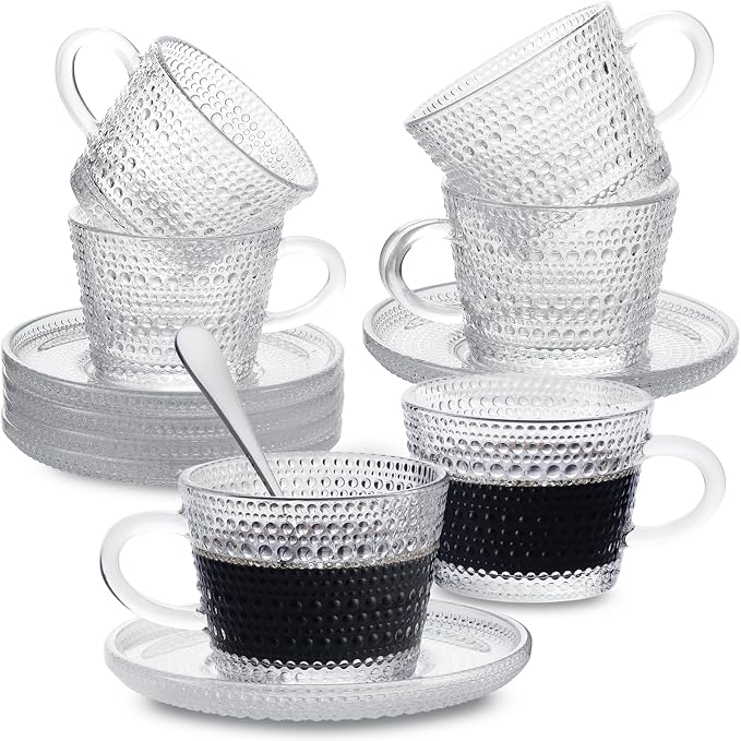 Glass Espresso Shot Cups with Saucers Set of 6, Clear Small Demitasse Cup with Stainless Steel Spoons, Dishwasher Safe Coffee Mugs for Tea Hot Chocolate Cappuccino, 5OZ/150ML, Raindrop