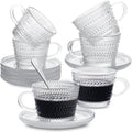 Glass Espresso Shot Cups with Saucers Set of 6, Clear Small Demitasse Cup with Stainless Steel Spoons, Dishwasher Safe Coffee Mugs for Tea Hot Chocolate Cappuccino, 5OZ/150ML, Raindrop
