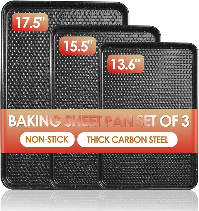 Baking Sheet Pan Set of 3, Nonstick Carbon Steel Cookie Sheets with Texture | Commercial Half/Quarter/Jelly Roll Pans Replacement Toaster Oven Tray, Heavy Duty & Easy Clean