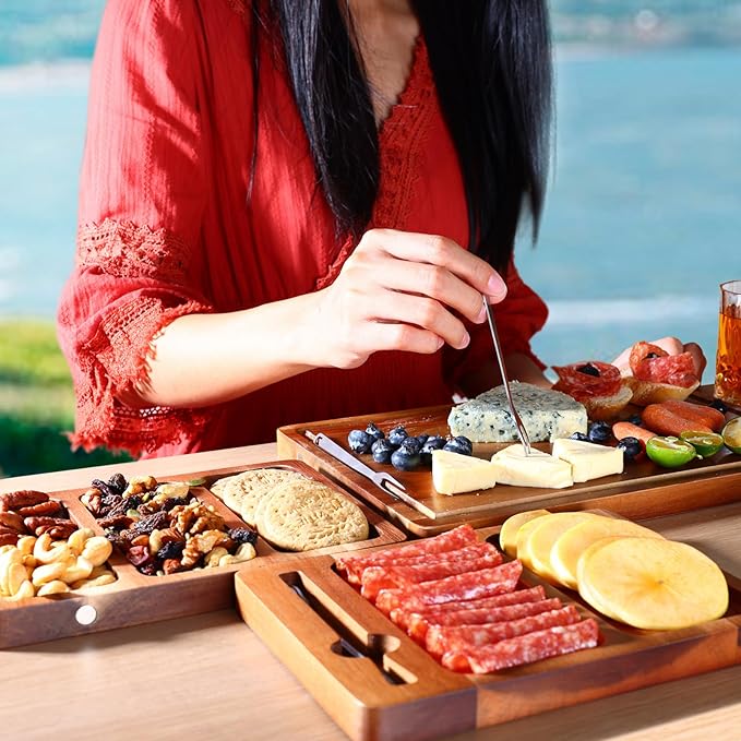 hecef Extra Large Charcuterie Board Set, 3-in-1 Magnetic Acacia Wood Cheese Platter with Storage Bag, Outdoor Picnic Serving Tray for Housewarming, Wedding, Anniversary, Birthday, Feast