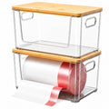 Trash Bag Holder 2 Pack, Stackable Garbage Bag Dispenser with Bamboo Lid, Extra Large Trashbag Dispenser for 13/30/33 Gallon Bags, Clear Organizer for Under Sink Kitchen Laundry Room