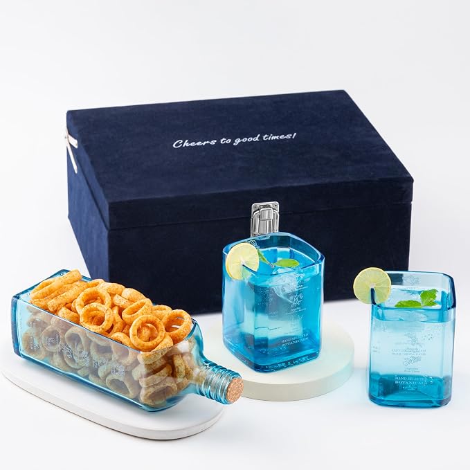 Upcycled Bombay Sapphire Gin Glasses and Platter Set of 3 with Premium Gift Box | Eco-friendly Glasses for Drinks, upcycled from Gin bottles | Ideal for Gin, Whiskey, Cocktail Nibbles and Finger Food