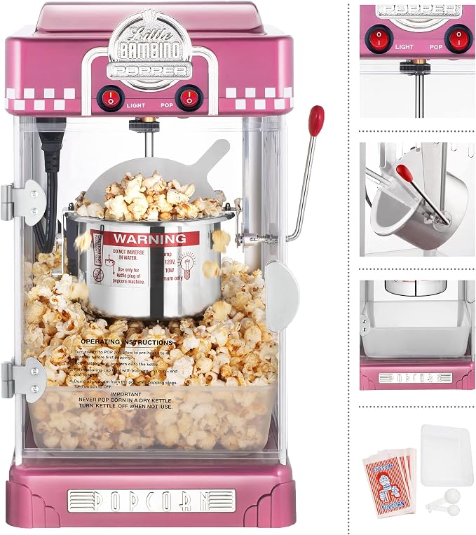 Little Bambino Popcorn Machine - 2.5oz Tabletop Movie Theater Popcorn Popper with Stainless-Steel Kettle by Great Northern Popcorn (Pink)